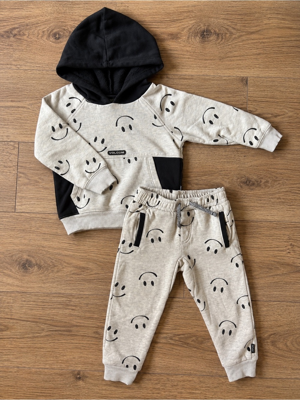 Volcom Kids Smiley Face Hoodie and Joggers - Light Gray & Black